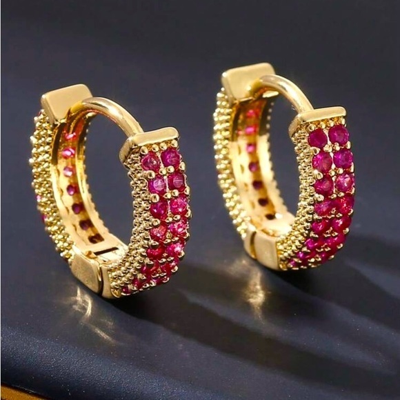 Jewelry - Gold & Ruby Huggie Hoop Earrings